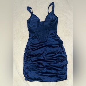 Elegant Navy Blue Silk Ruched Dress